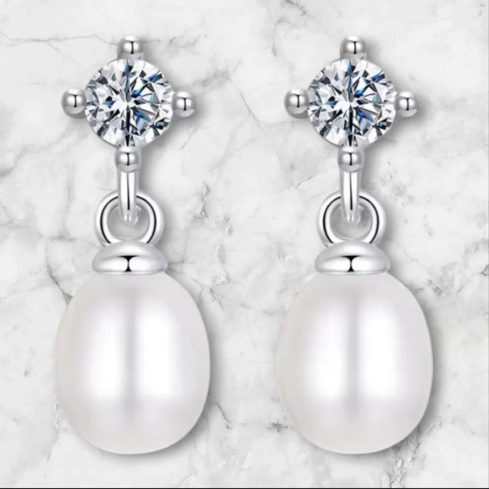 Moissanite Diamond Earrings with Freshwater Pearls Anniversary Birthday Gift - Picture 3 of 12